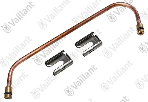 Kupferrohr mit zwei Metallklemmen, Bestandteil einer Vaillant Steuerleitung für Heizsysteme. Das Rohr zeigt eine gebogene Form und Anschlussmöglichkeiten an beiden Enden.